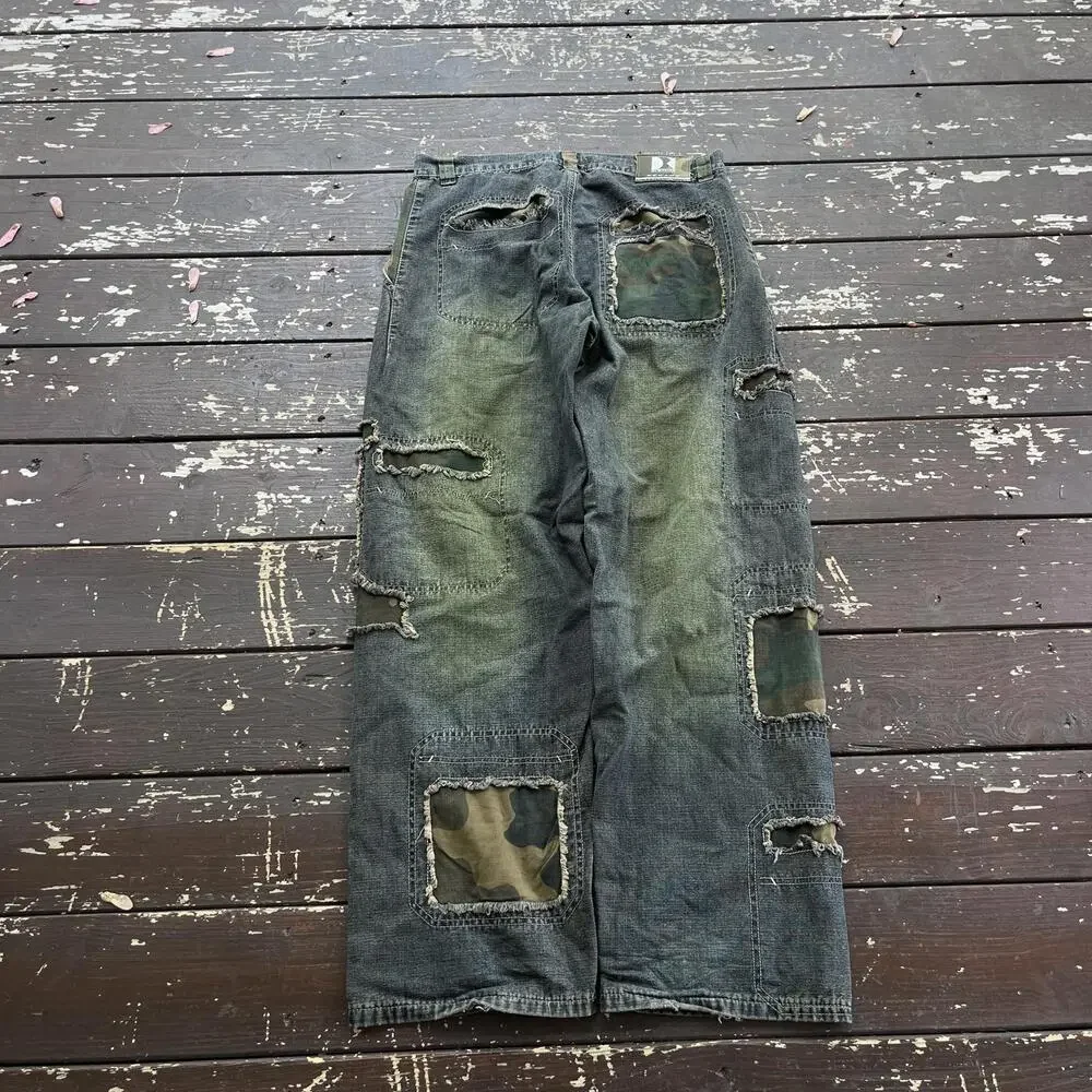 (34x32) Vintage 90s Y2K South Pole Style Camouflage Camo Patchwork Baggy Jeans - Picture 2 of 7